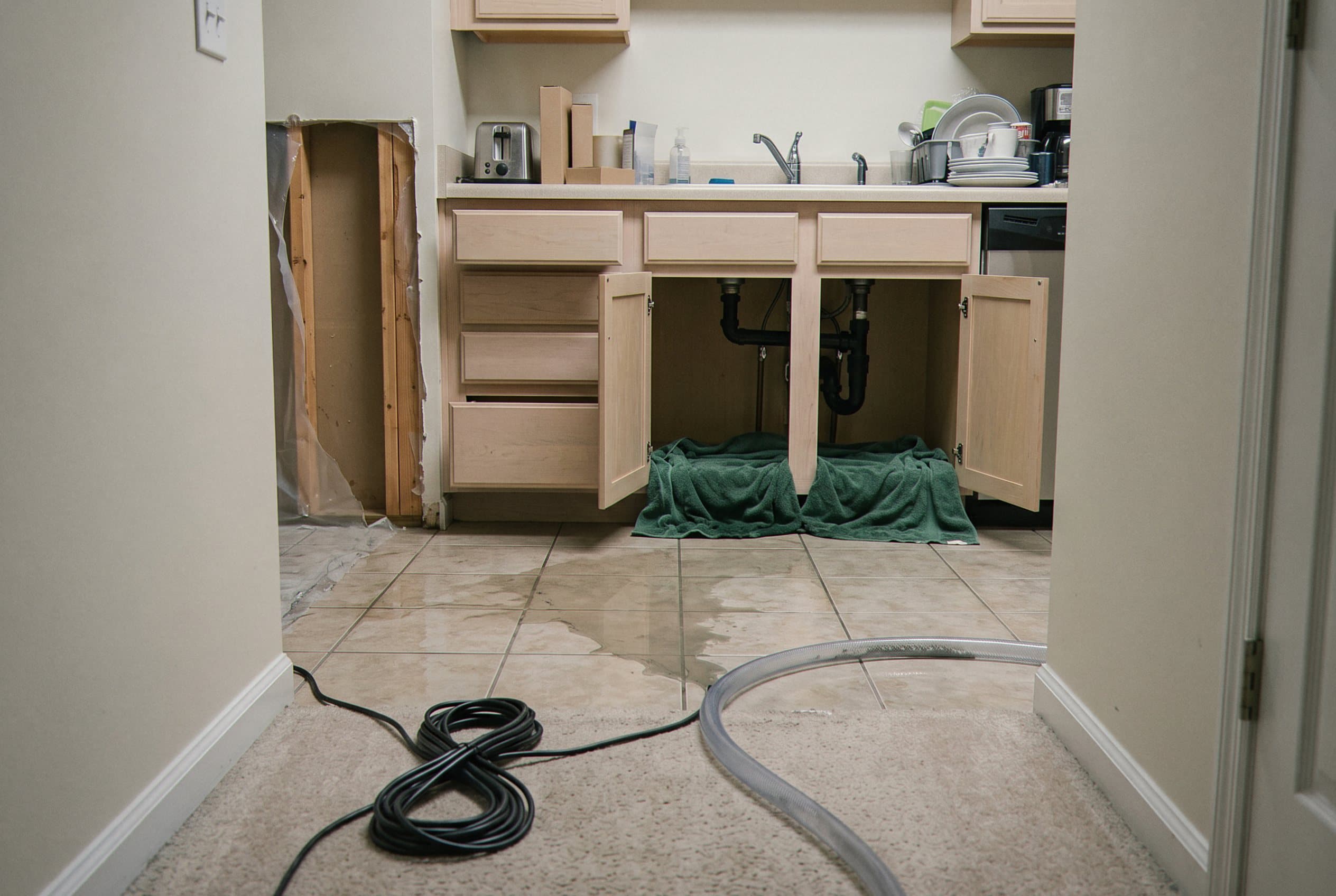 Kitchen area with water staining