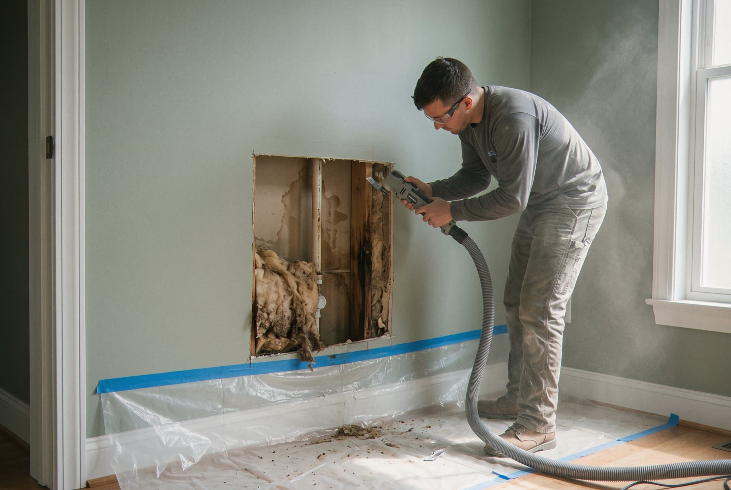 Technician assessing water spread and damage