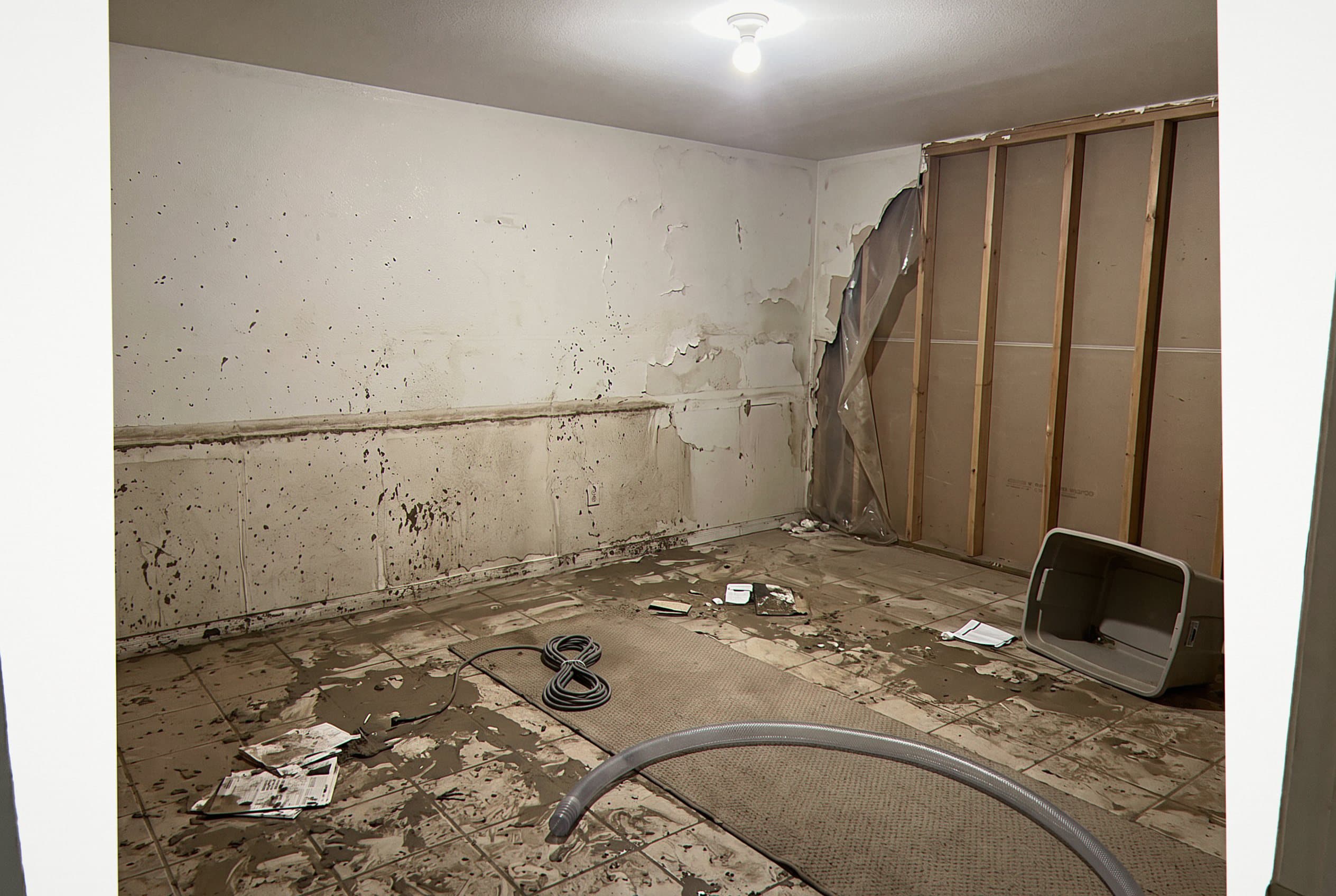 Flooded room with debris and mud