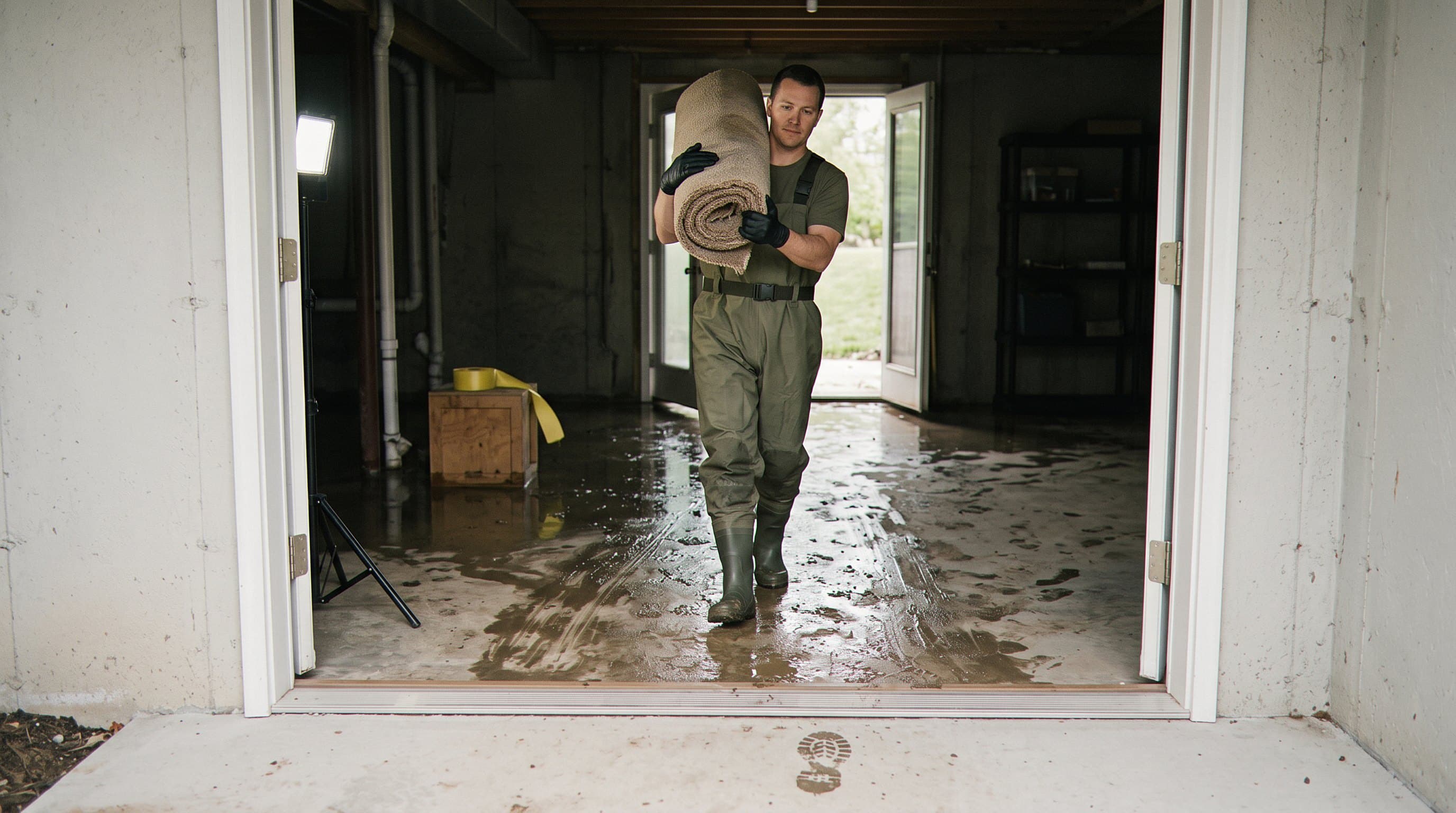 Technician in protective gear during cleanup